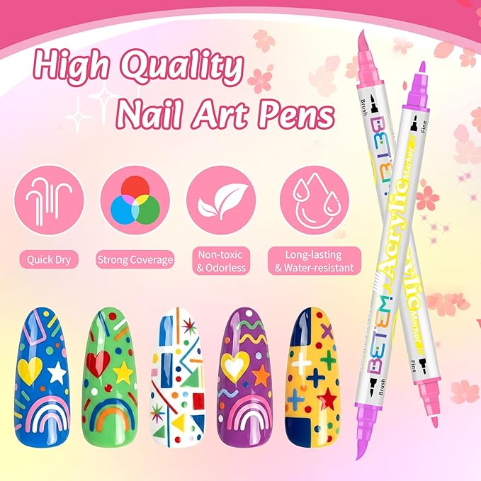Betem Nail Art Pens Set, Dual Tip 24 Colors Nails Art Markers Non-Toxic, Quick-drying Nail Polish Pens, Acrylic Nail Kit for Home & Salon DIY, Easy French Manicure Tool, Gifts for Mom, Friends