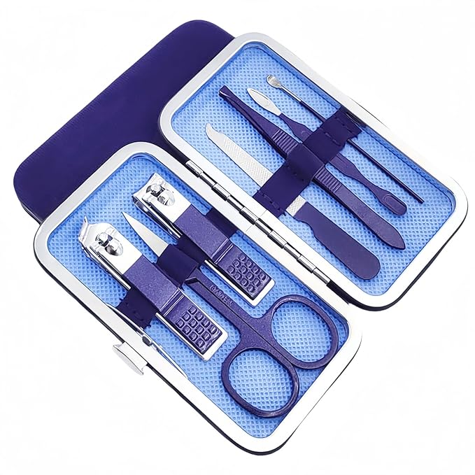 QURIPE 7pcs Manicure Set, Nail Clippers Kit, Stainless Steel Manicure Kit, Nail Clipping Tools Portable Travel Grooming Kit, The Best Gift with Luxurious Case (Blue)