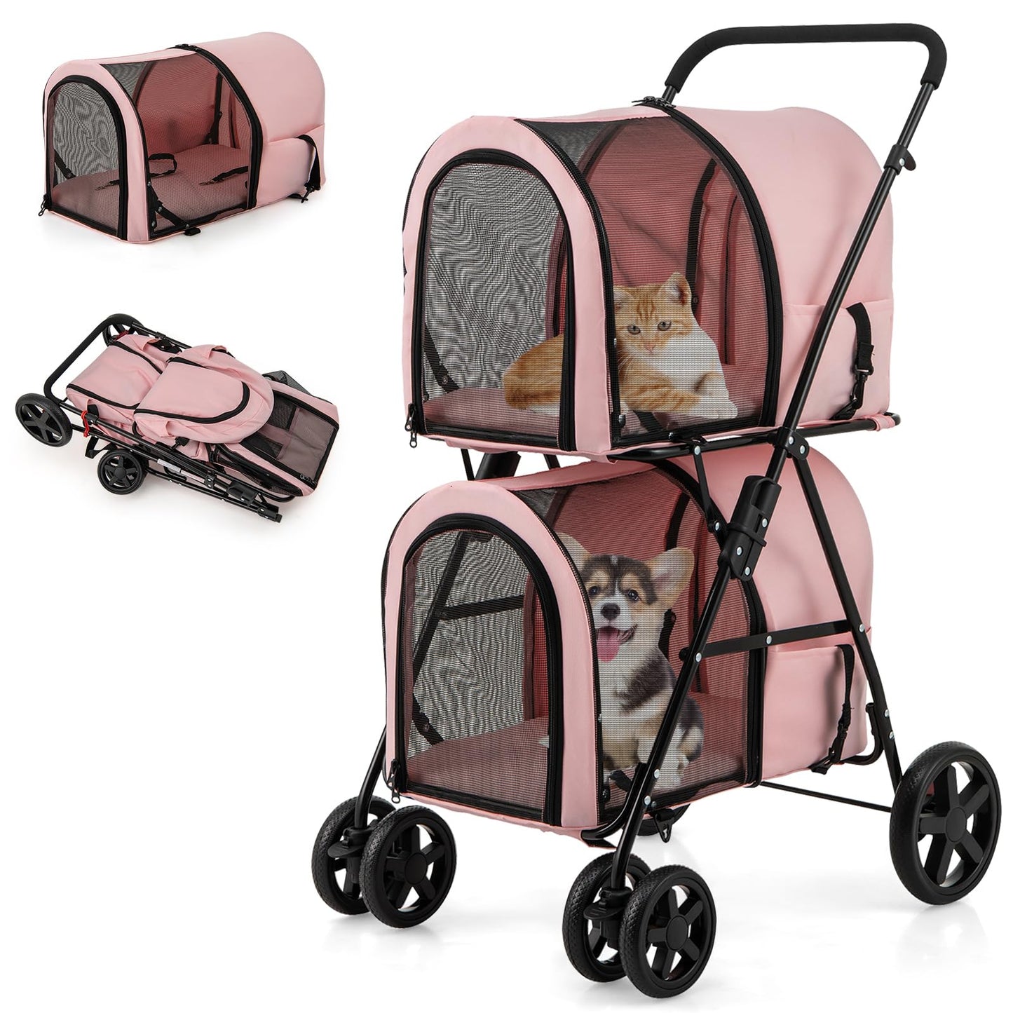 Giantex Double Pet Stroller with 2 Detachable Carrier Bags, Safety Belt, 4 Lockable Wheels, Folding Cat & Dog Stroller for Small Medium Pets, Cats Dogs Puppy Travel Strolling Cart (Pink)