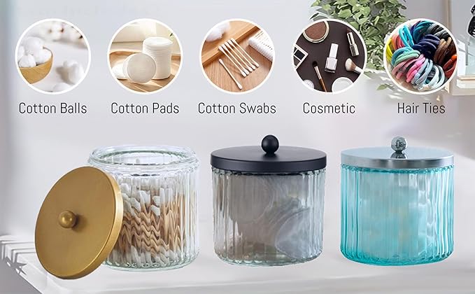 KMwares 2-Pack Glass Qtip Holder Dispenser Set - Bathroom Canister Storage Organizer for Cotton Balls, Swabs, Floss Picks, and Makeup Sponges with Matte Black Metal Lid - Clear Vanity Apothecary Jars
