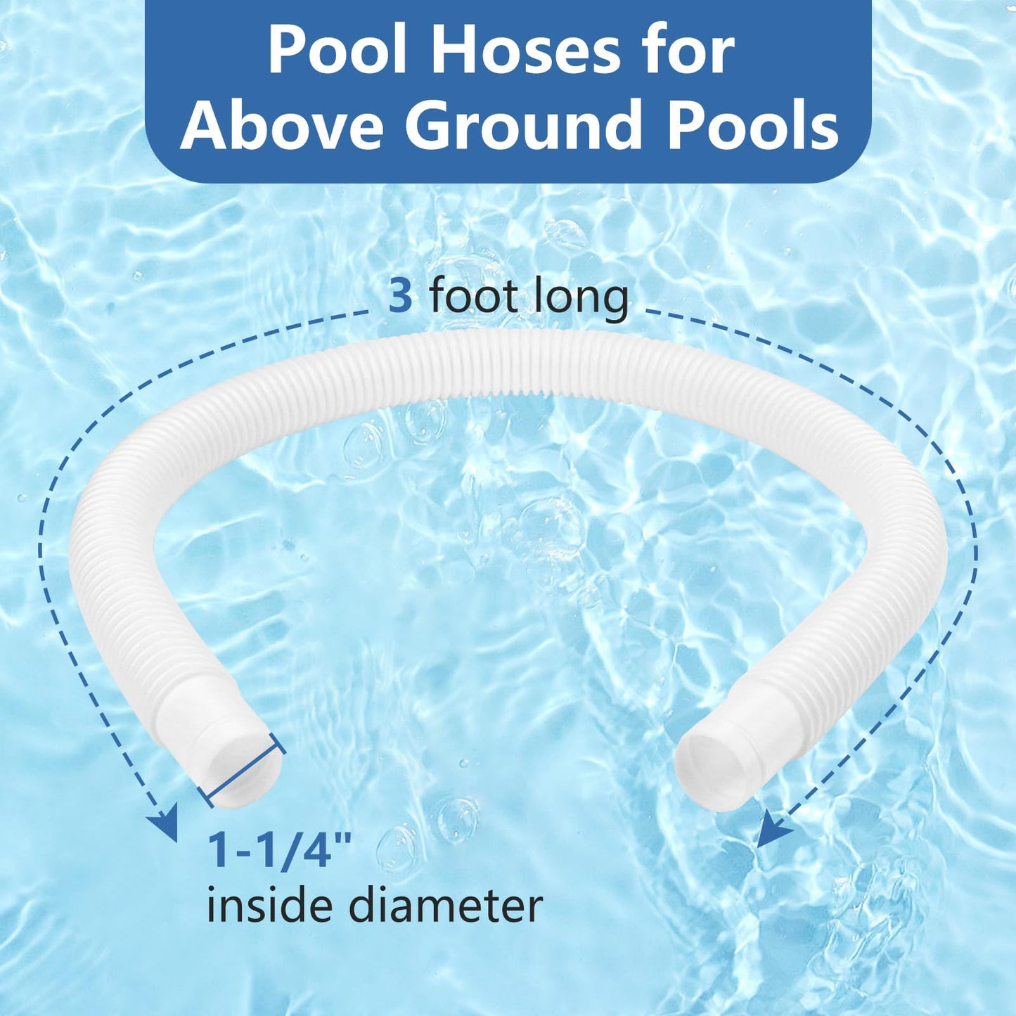 1-1/4 Inch x 3 Foot Long Pool Filter Pump Hoses, 1.25 Pool Hoses Compatible with Intex White Above Ground Pool Flex Connection Suction Hose or Filter - 2 Pack