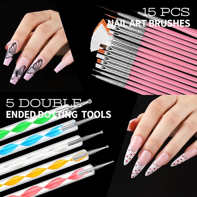 Teenitor Nail Charms and Nail Art Tools Set, Nail Art Kit with 5 Boxes of 3D Nail Charms and Gems Rhinestones, 15 Pcs Nail Art Brushes, 5 Pcs Nail Dotting Tools, 2 Set of Nail Stand