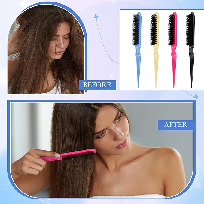 Yaomiao 6 Pcs Teasing Brush for Fine Hair Nylon Rat Tail Brush Set Women Three Row Salon Teasing Set for Back Combing, Root Hair Scalp Massage(Black, Blue, Rose Red, Yellow)