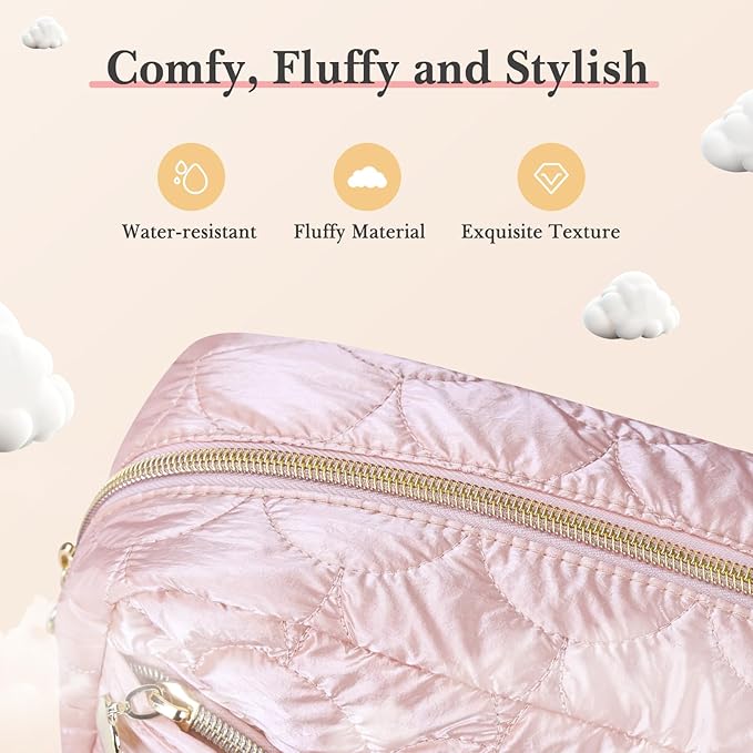 Noozion Makeup Bag Travel Toiletry Bag, Puffy Padded Cosmetic Bag for Women, Makeup Organizer Case, Wide-open Pouch Purse, Travel Essentials