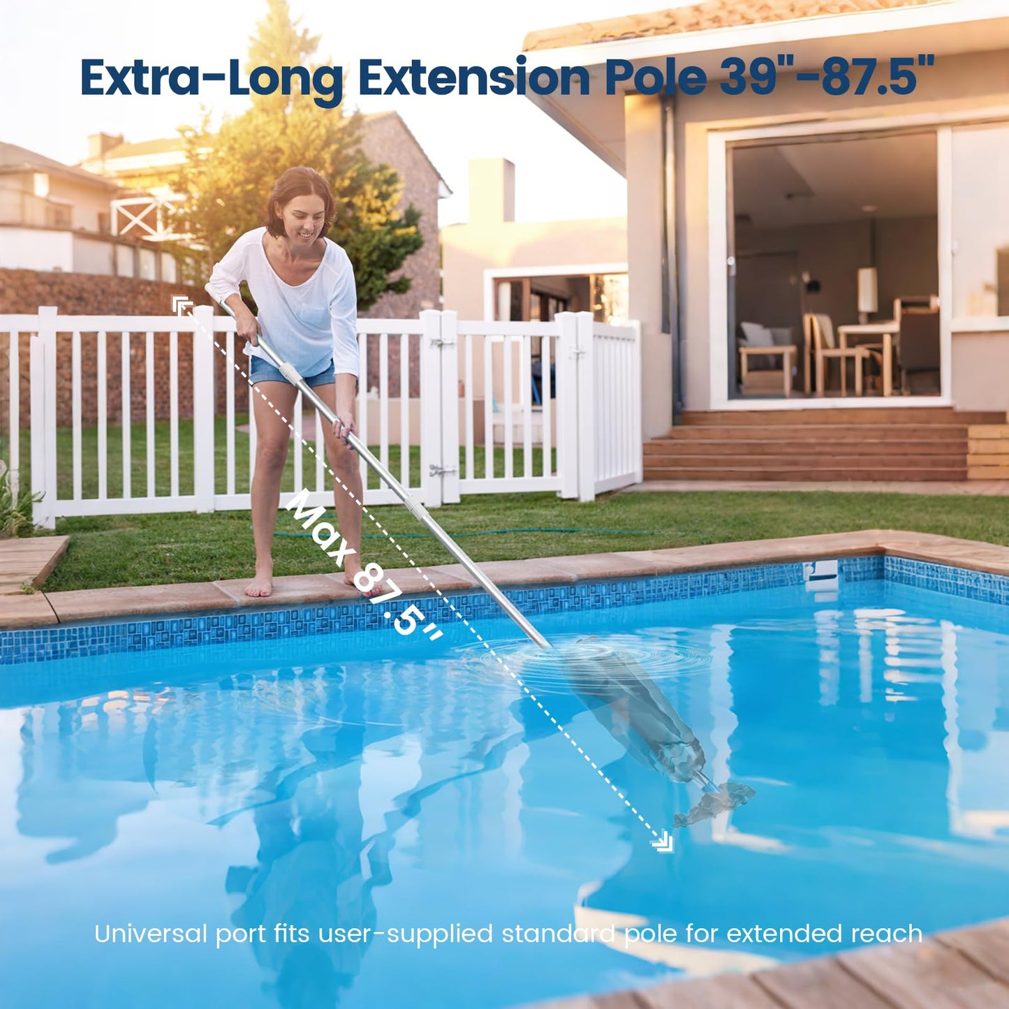 Cordless Pool Vacuum for Above Ground Pool with Telescopic Pole, 18.5 GPM Powerful Suction, 45 Mins Runtime, Rechargeable Handheld Pool Cleaner with 2 Brush Heads for Inground Pools