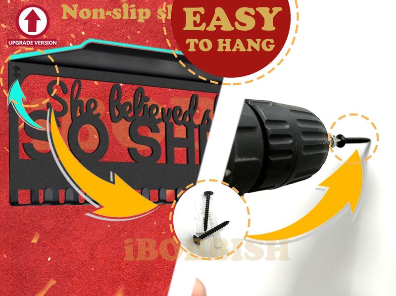 iBobbish Premium Trophy Shelf with Non-Slip Protect,She Believed She Could SO SHE DID Medal Holder For Girls,Medal Hanger Display Wall 16inchL,sports medal display Upgraded 20 Hooks Premium Black