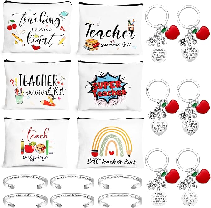UAREHIBY 18 PCS Teacher Appreciation Gifts in Bulk,6 Styles Makeup Bags for Women,Teacher's Day Keychain,Thank You Teacher Christmas Gift with Bracelet,Graduation Gift for teacher