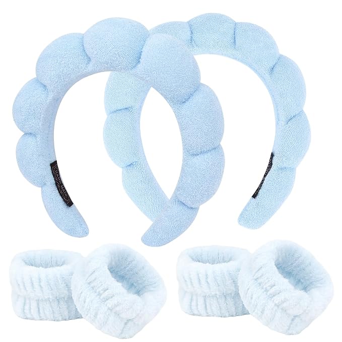 6Pcs Blue Spa Set, Skincare Wrist Washbands, Terry Cloth Headbands for Face Washing