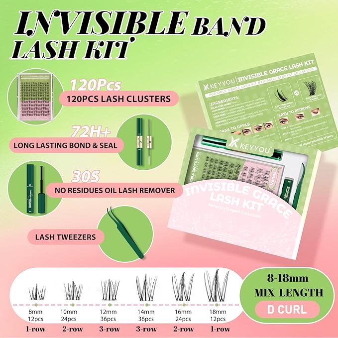 KEYYOU Naiad Lash Clusters Kit Fairy Lash Extension Kit C Curl 144Pcs Eyelash Extension Kit Wispy Natural Invisible Band Lash Kit with Waterproof DIY Lash Extension Kit at Home(Naiad-C-8-16MIX)