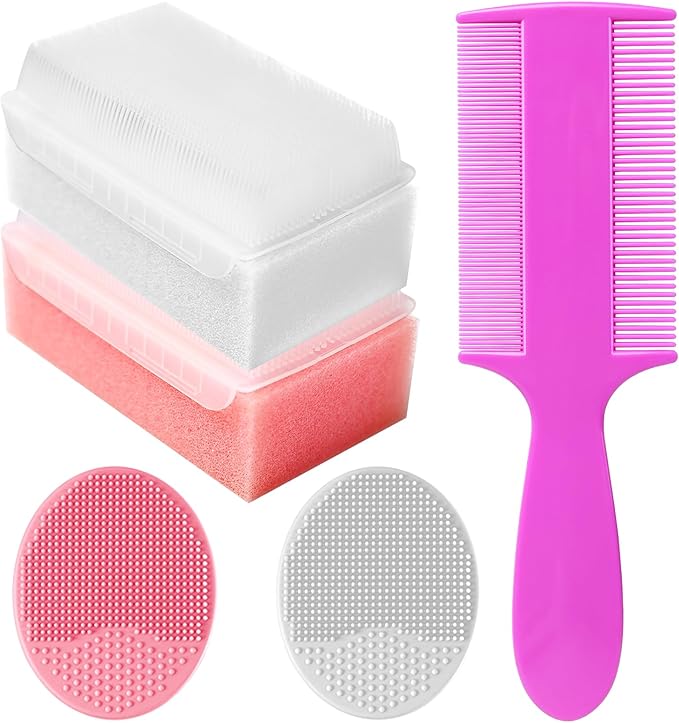 Cradle Cap Brush for Babies, Set of 5 Baby Bath Essentials with Bath Sponge Silicone Scrubber Long Handle Comb for Newborns Toddlers Boys Girls (Pink)