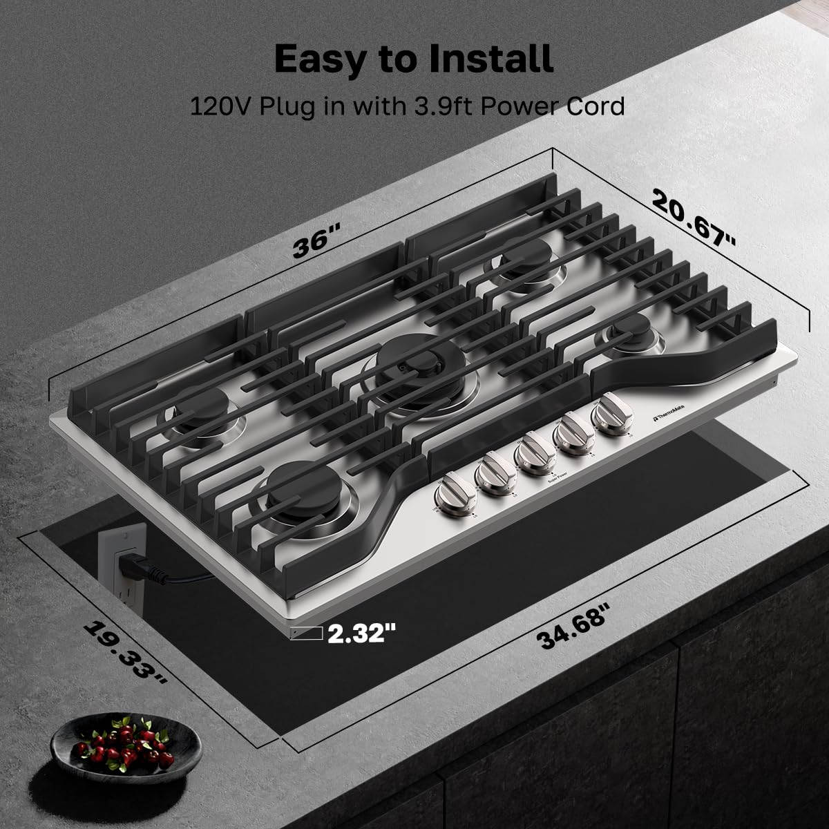 ThermoMate Heavy 36 Inch Gas Cooktop with 5 Italy Sabaf Power Burners, Built In Stove Top of 304 Stainless Steel, Gas Hob NG/LPG Convertible, Cooker with Thermocouple Protection CSA Certified