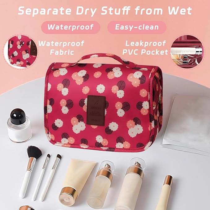 Toiletry Bag Travel Bag with Hanging Hook, Waterproof Capacity Hanging Multifunctional Makeup Bag for Toiletries, Portable Cosmetic Bag Travel Organizer for Women and Men(Wine Red FLower)