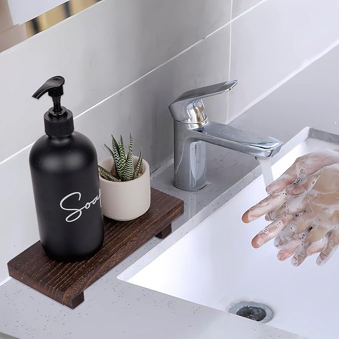 zoocatia Small Wood Tray Pedestal Stand Farmhouse Bathroom Decor Decorative Wooden Riser Kitchen Soap Dish Holder for Vanity, Counter, Sink, Dark Brown