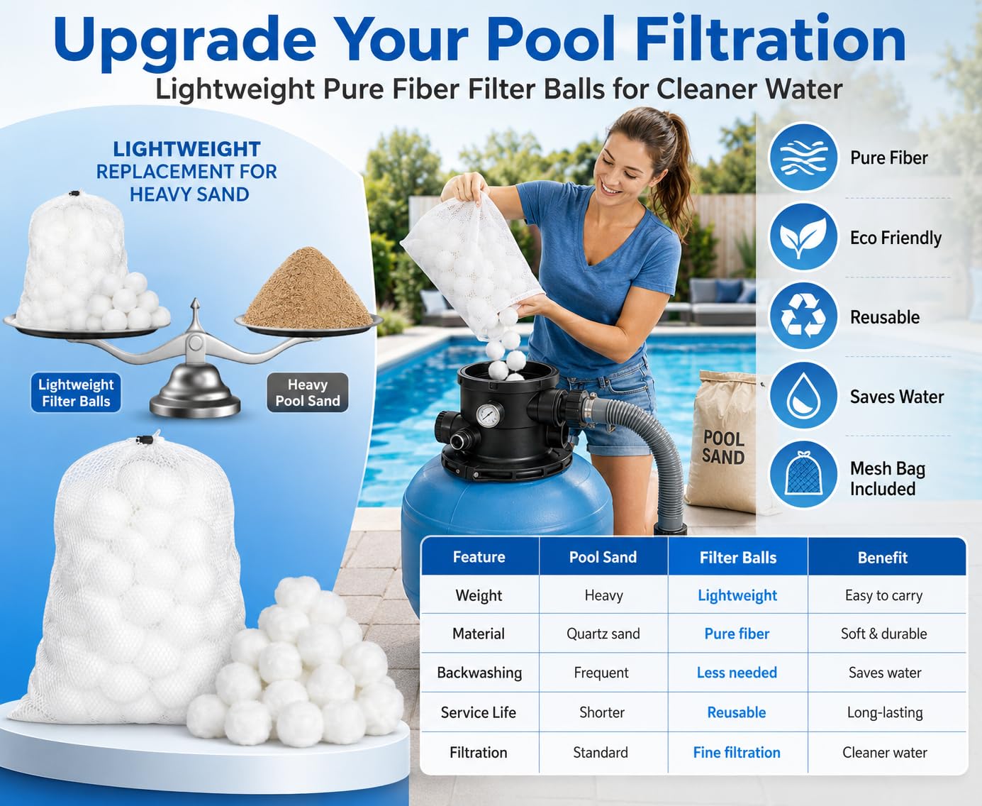 Bohodiy 1.5 lbs Pool Filter Balls for Sand Filter, Reusable Pool Fiber Filter Balls Replace 55lbs Pool Filter Sand，Efficient Pool Filter Media Balls for Filter Pump, Pool Cleaning (1.54 Lbs)