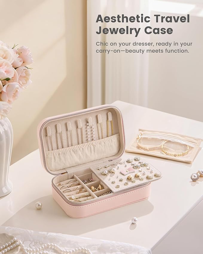 Lolalet Travel Jewelry Case for Women Girls, Travel Jewelry Organizer with Clear Storage Bag Small Portable Jewelry Box for Necklace Bracelet Earring Ring Birthday Bridesmaid Gifts -Medium/Pink