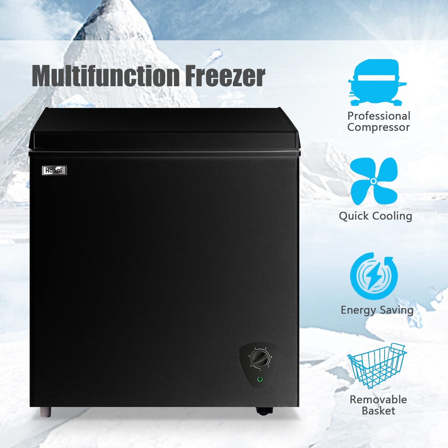 Chest Freezer 5.0 Cu.Ft Black Compact Freezer, Manual Defrost Deep Freezer with Storage Basket, Space-Saving Flat Back, Stay-Open Lid, Side-Access Drain for Home Basement Cottage Business