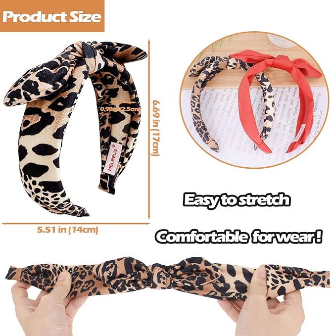 Bow Headbands for Girls, Leopard Print Thin Headband with Bow Women Hair Accessories Fashion Knotted Head Band Non Slip Hairband Hair Hoops for Girls (Red and Leopard Print, 2Pcs)