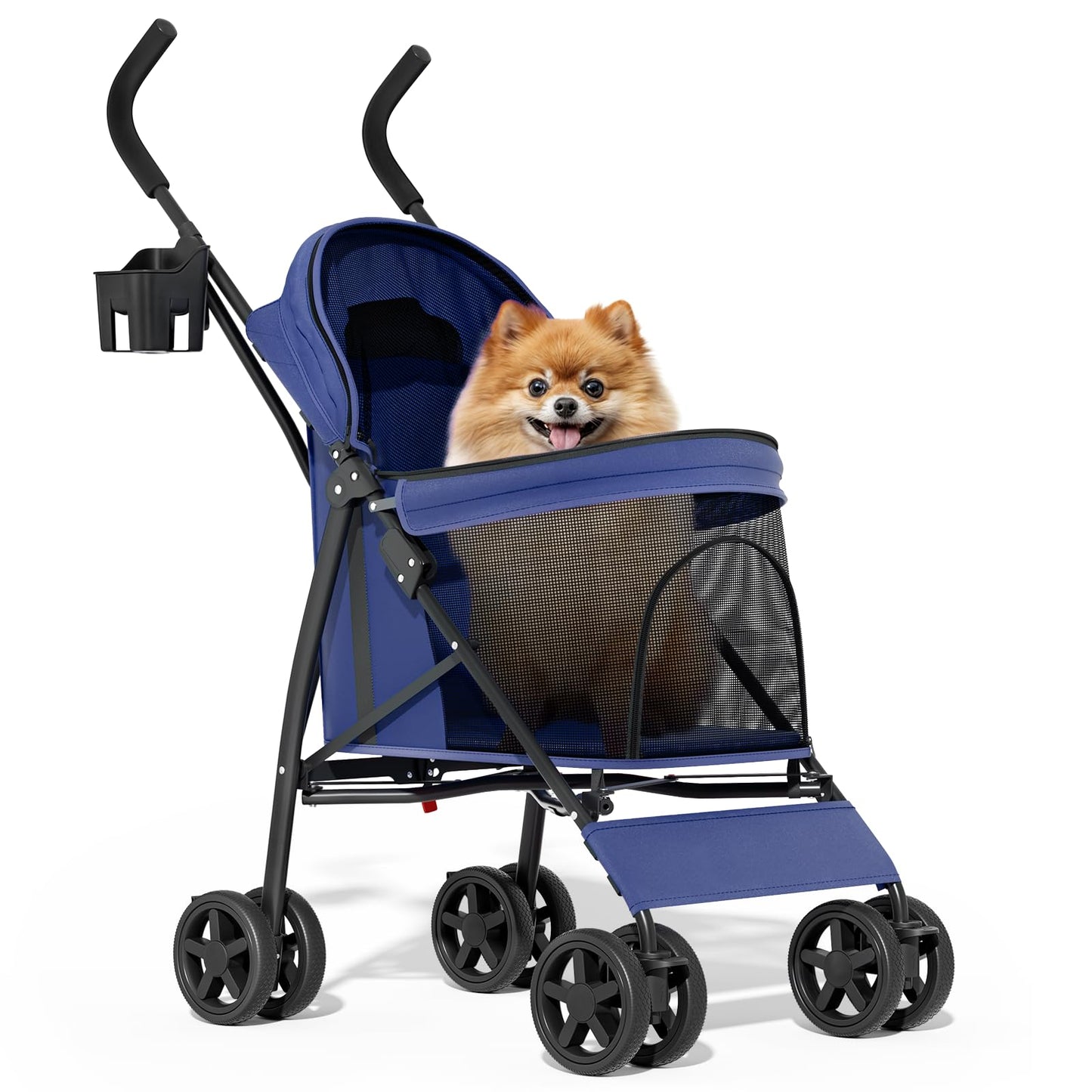 MoNiBloom 4 Wheels Pet Stroller, Easy-Fold Puppy Cage Jogger Stroller with Sun Cover, Pad and Rear Storage Bag, Breathable and Visible Mesh for Small/Medium Pets up to 22 lbs, Navy Blue