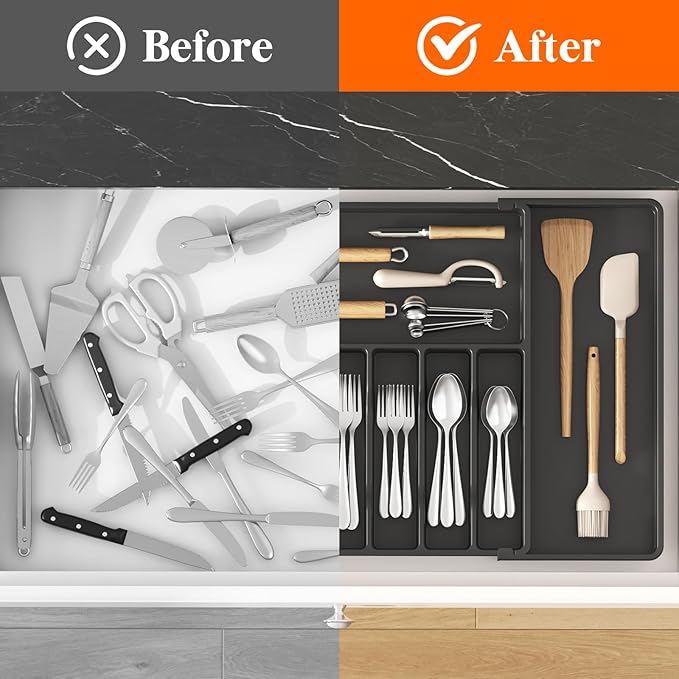 Lifewit Silverware Drawer Organizer, Expandable Utensil Tray for Kitchen, BPA Free Flatware and Cutlery Holder, Adjustable Plastic Storage for Spoons Forks Knives, 17- 30 x 18.5", Black