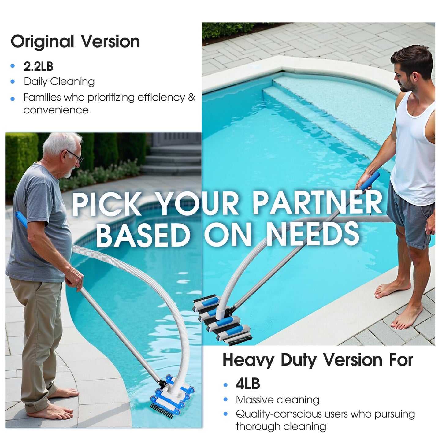 2026 TidyMister Pool Vacuum Head with Swivel Handle - 16in Eazy-to-Use Daily Cleaning Vacuum Head with Side Brushes and Wheels and Hose Connect for 1-1/4in or 1-1/2in for Inground & Above Ground Pools
