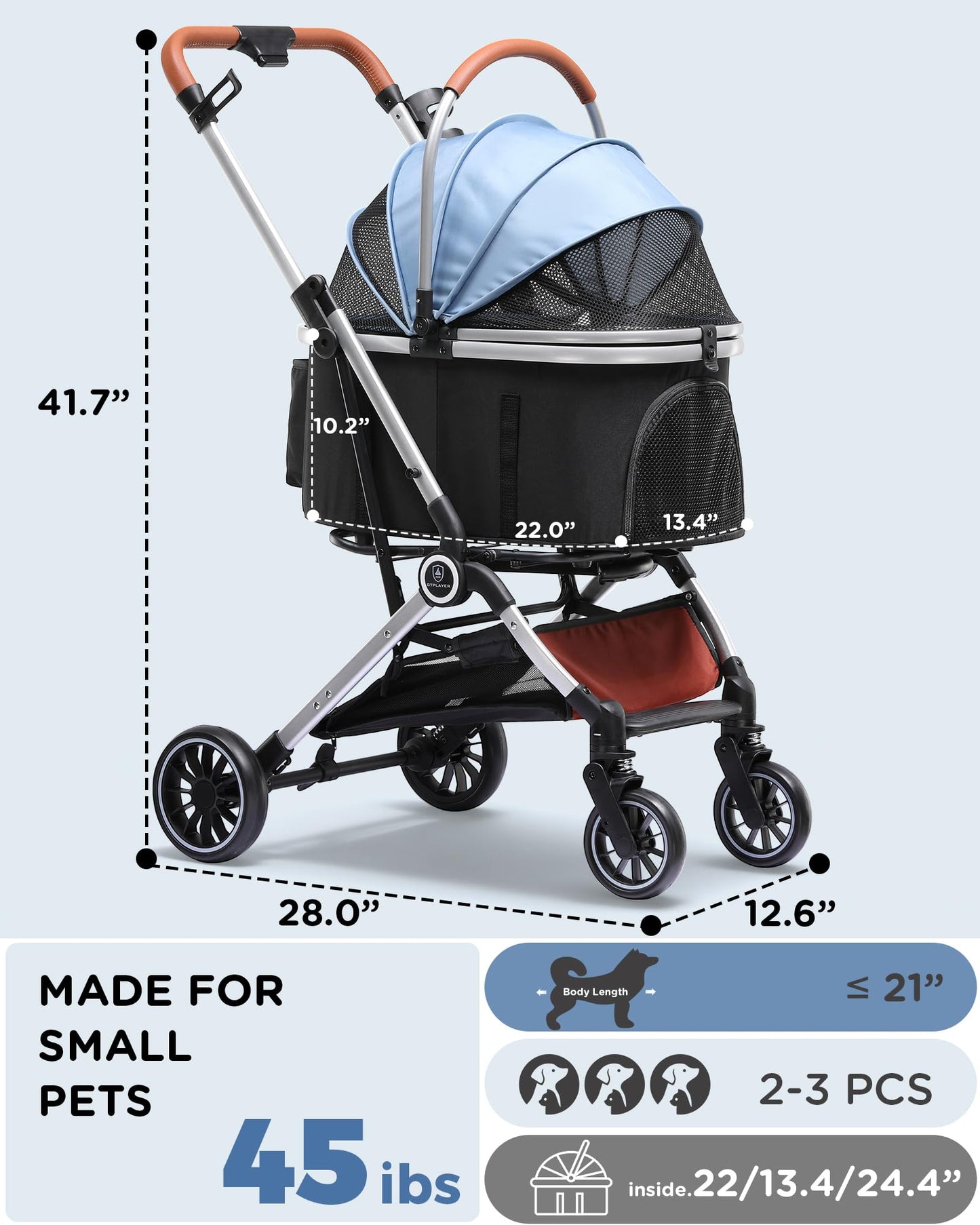 GTPLAYER Pet Stroller for Small Dogs and Cats, One-Click Foldable, Detachable Carrier, Breathable Mesh, 45 lbs Capacity, 2 Safety Leashes, Storage Basket & Cup Holder, Light Blue