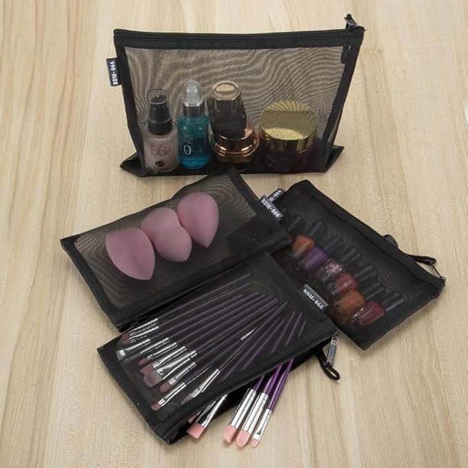 HRX Package Nylon Mesh Cosmetic Zipper Bags, 6PCS Black Makeup Pouches Travel Organizer Case for Purse Diaper Bag (A5 x 3pcs, A6 x 3pcs)