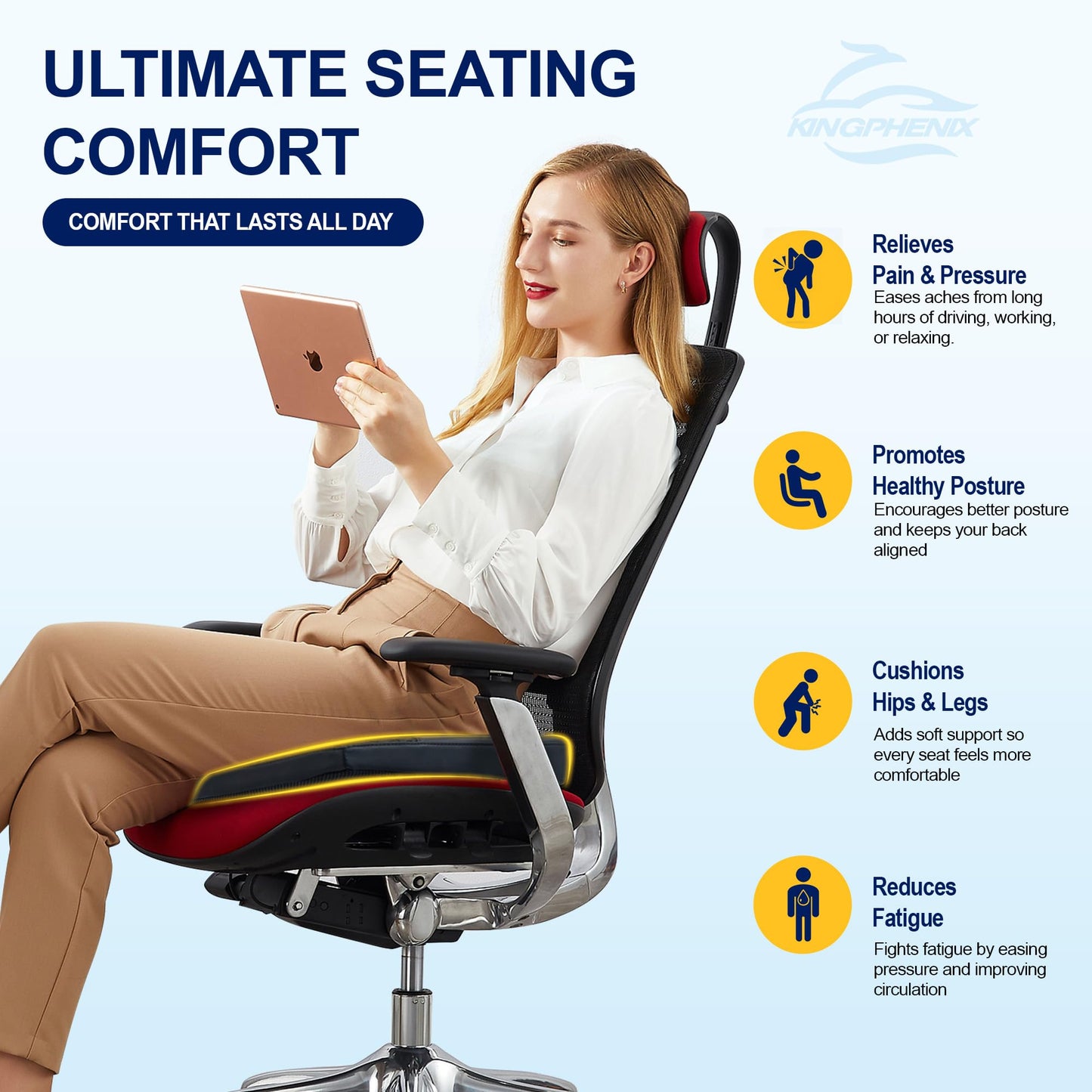 kingphenix Car Seat Cushion – Memory Foam Pad for Driving Comfort – Boosts Height and Relieves Coccyx & Lower Back Pain – Car, Truck, Office Chair (Leather & 4D Mesh Black)