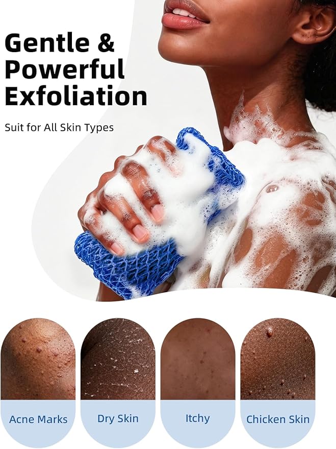 Cleangor 2Pcs African Net Sponge Authentic with Knots - Exfoliating Body Scrubber for All Skin Types, African Bath Sponge, Wash Cloth, Gentle Exfoliation Shower Rag for Women Daily Use (Blue & Purple)