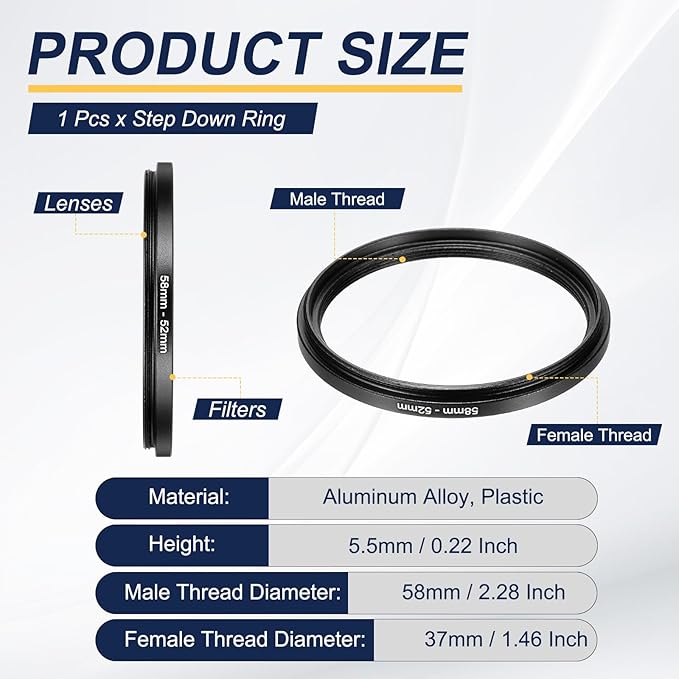 PATIKIL Step Down Ring Adapter 58mm to 52mm, Filter Step-Down Rings Camera Lens Filters Metal Ring Digital for ND IR DSLR Lenses, Black