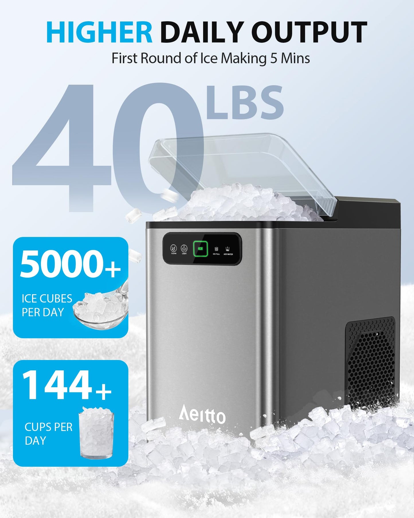 Aeitto Nugget Ice Maker Countertop, Pellet Ice Machine Soft Chewable Ice 36lbs/Day, One-Click Operation, Auto Self-Cleaning Crushed Ice Makers Stainless with Scoop for Home/Kitchen/Office (Brown)