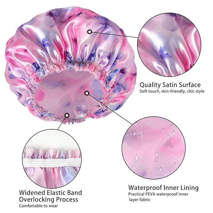 4 PCS Shower Caps for Women, 3D Printing Bath Caps, Double Layers Shower Cap Reusable Waterproof, Bathing Shower Caps, Environmental Protection Hair Bath Hat - Flower C