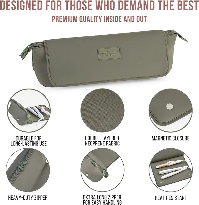 BAREFOOT CARIBOU Hair Tools Travel Bag and Heat Resistant Mat (15.5") for Flat Irons, Straighteners, Curling Iron, and Haircare Accessories, 2-in-1 design, Interior Pockets, Portable Organizer (Olive)
