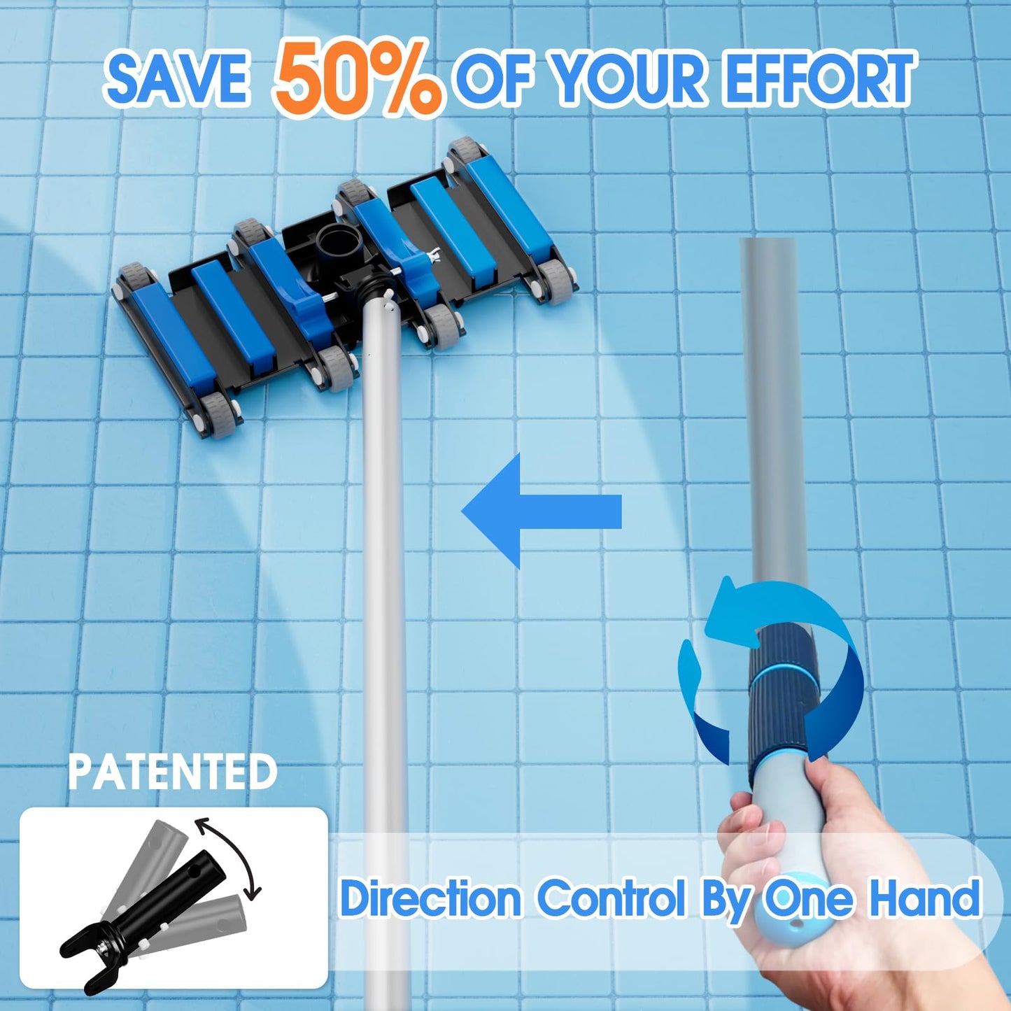Commercial-Grade 4.4 LB Weighted Pool Vacuum Head & Swivel Handle - Lab-Tuned Brush,Debris Guide & Vinyl-Safe Wheels for High-Efficiency Cleaning,Inground & Above Ground Swimming Pools –Blue