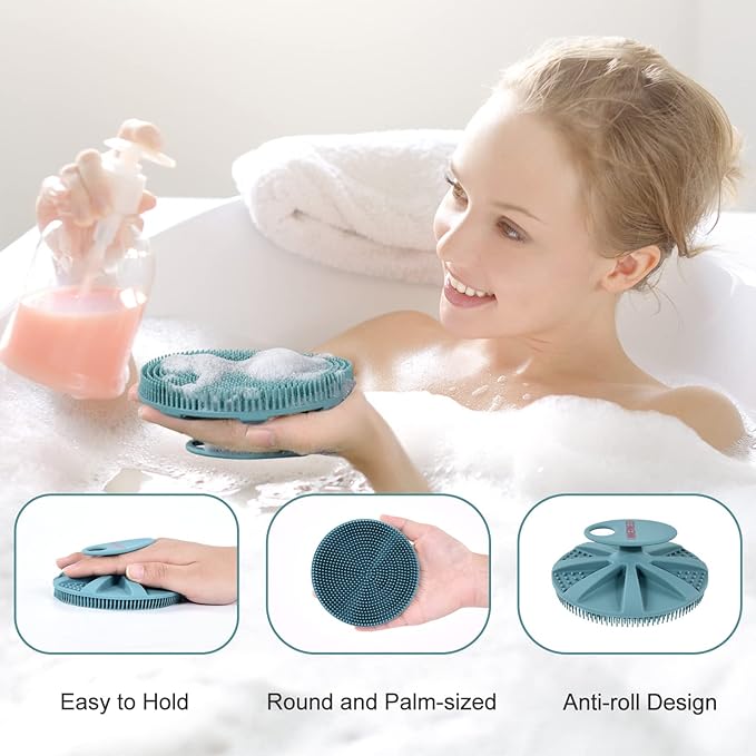INNERNEED Food-Grade Soft Silicone Body Scrubber Shower Brush, with Scalp Massager Shampoo Brush, Wet & Dry Manual Scalp Care Hair Washing (Dark Green)