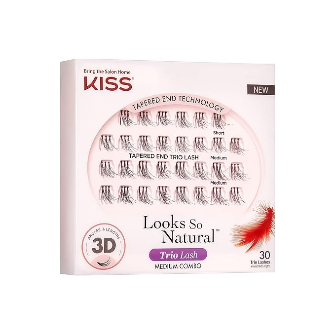 Kiss Looks So Natural Trio Lash Combo Pack False Eyelashes, Lash Extension Kit, Short & Medium, Tapered End Technology, 3D Lengths & Angles, Easy Grip Tray, Lash Glue 0.7g, 30 Lash Clusters