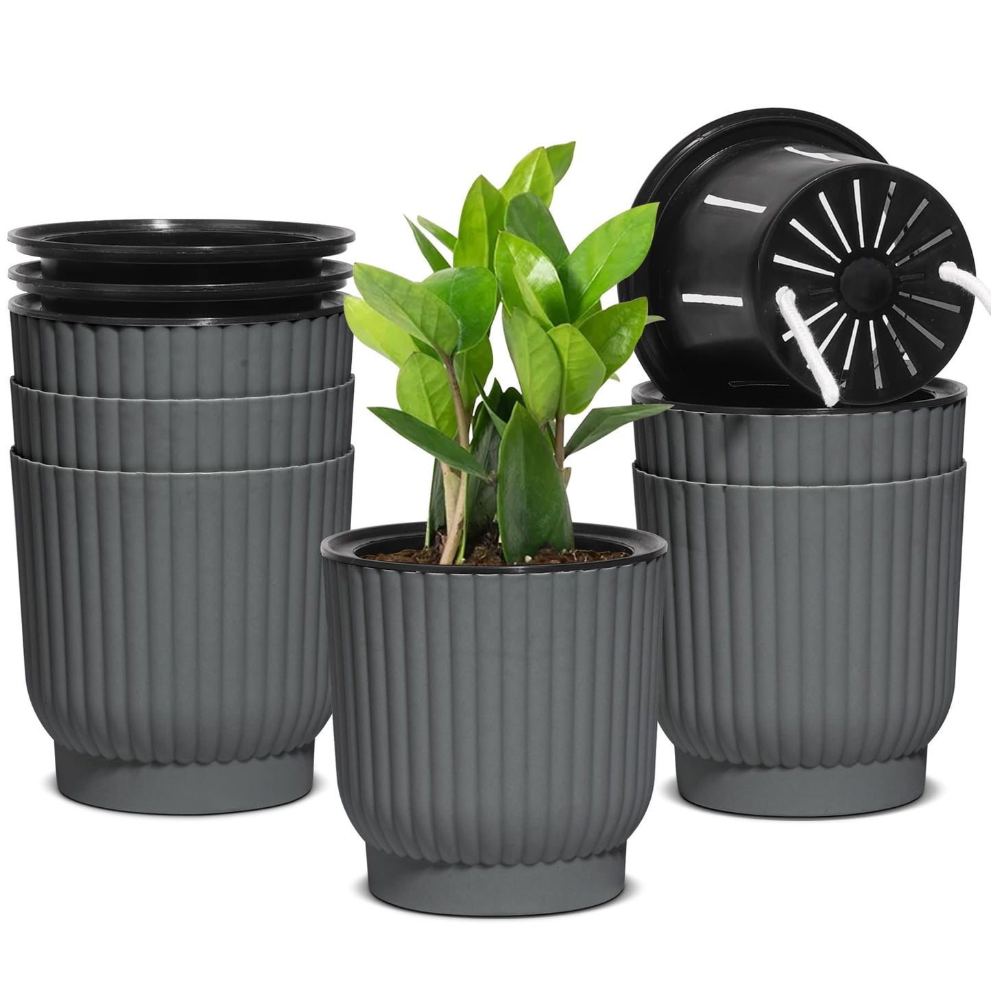 T4U 4.5 Inch Plant Pots Self Watering, 6 Pack African Violet Pots, Small Plant Pots for Plants, Small Indoor Plant Pot, Self Watering Planter for African Violet, Succulents (6 Pack 4.5" Pots, Gray)