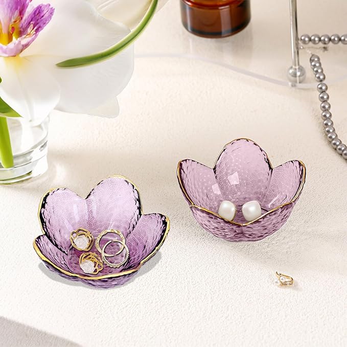 Gifts for Women Purple Flower Jewelry Dish Glass Ring Holder Decorative Jewelry Tray Cute Vanity Room Decor Aesthetic Nightstand Bathroom Decor Trinket Dish Friendship Birthday Christmas Gifts (2pcs)
