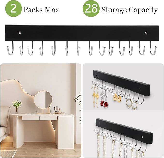 Necklace Holder Wall Mounted Jewelry Organizer - 2 Pack Wooden with 28 Hooks, Hanging Earring & Ring Bracelet Storage, Decorative Space-Saving Jewelry Display (Black)