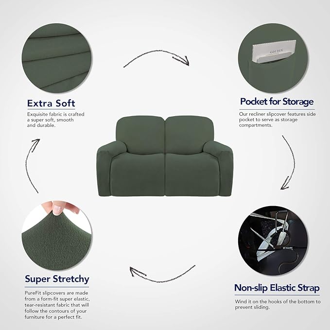 PureFit Super Stretch Loveseat Recliner Sofa Couch Cover with Pocket – 2 Seats Non Slip Soft Sofa Slipcover, Washable Reclining Furniture Protector for Pets (Recliner Loveseat, Grayish Green)