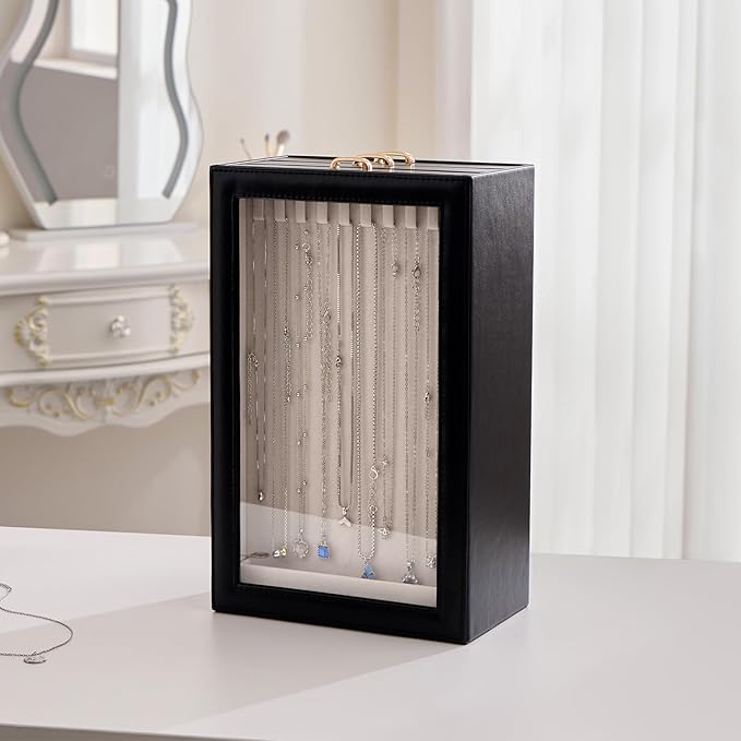 Lolalet Necklace Organizer Box, Jewelry Storage Box with Clear Window for Necklaces Bracelets, Tangle-Free Necklace Display Case for Women Girls -Black, 3 Layers 30 Hooks