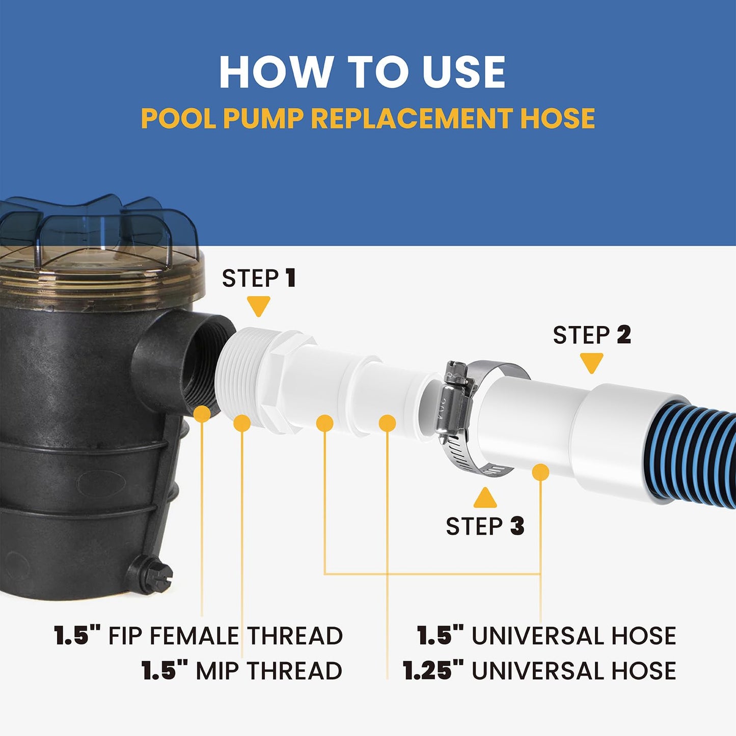 1 1/2" Swimming Pool Filter Hose Replacement Kit,Universal 1.25/1.5 Inch Hose Adapter & 1.5"Pool Vacuum Hose for Above Ground Pool,2 Pack 6 Feet Replacement Hose Suitable for Pump - Filter - Heater