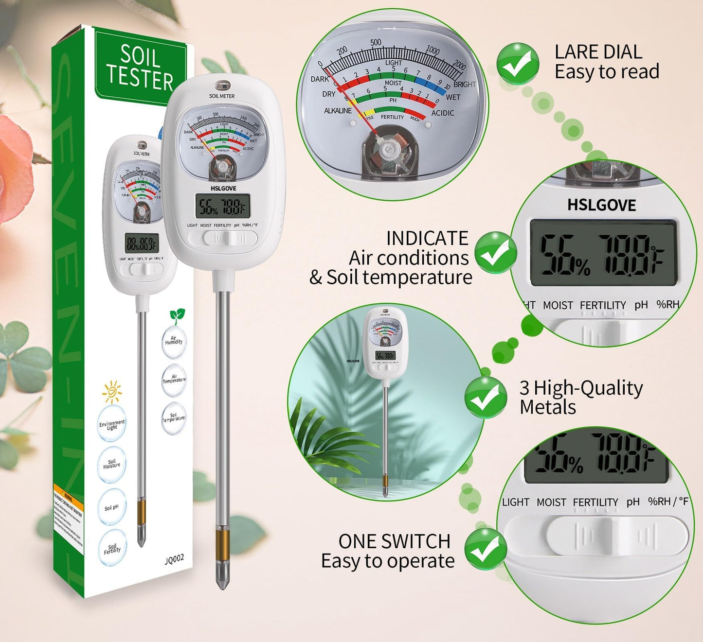 HSLGOVE Soil Test Kit, 7-in-One Soil Moisture Meter/Soil PH Meter/Fertility, Dual Screen Soil Tester w/Digital Soil Temp/Air Temp&Humidity for Plants Gardening,Lawn,Farm Indoor&Outdoor-Lvory White