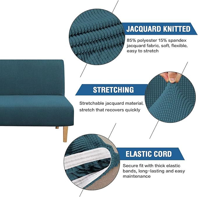 H.VERSAILTEX Armless Futon Cover Stretch Sofa Bed Slipcover Protector Elastic Feature Rich Textured High Spandex Small Checks Jacquard Fabric Futon Cover, Machine Washable, Deep Teal