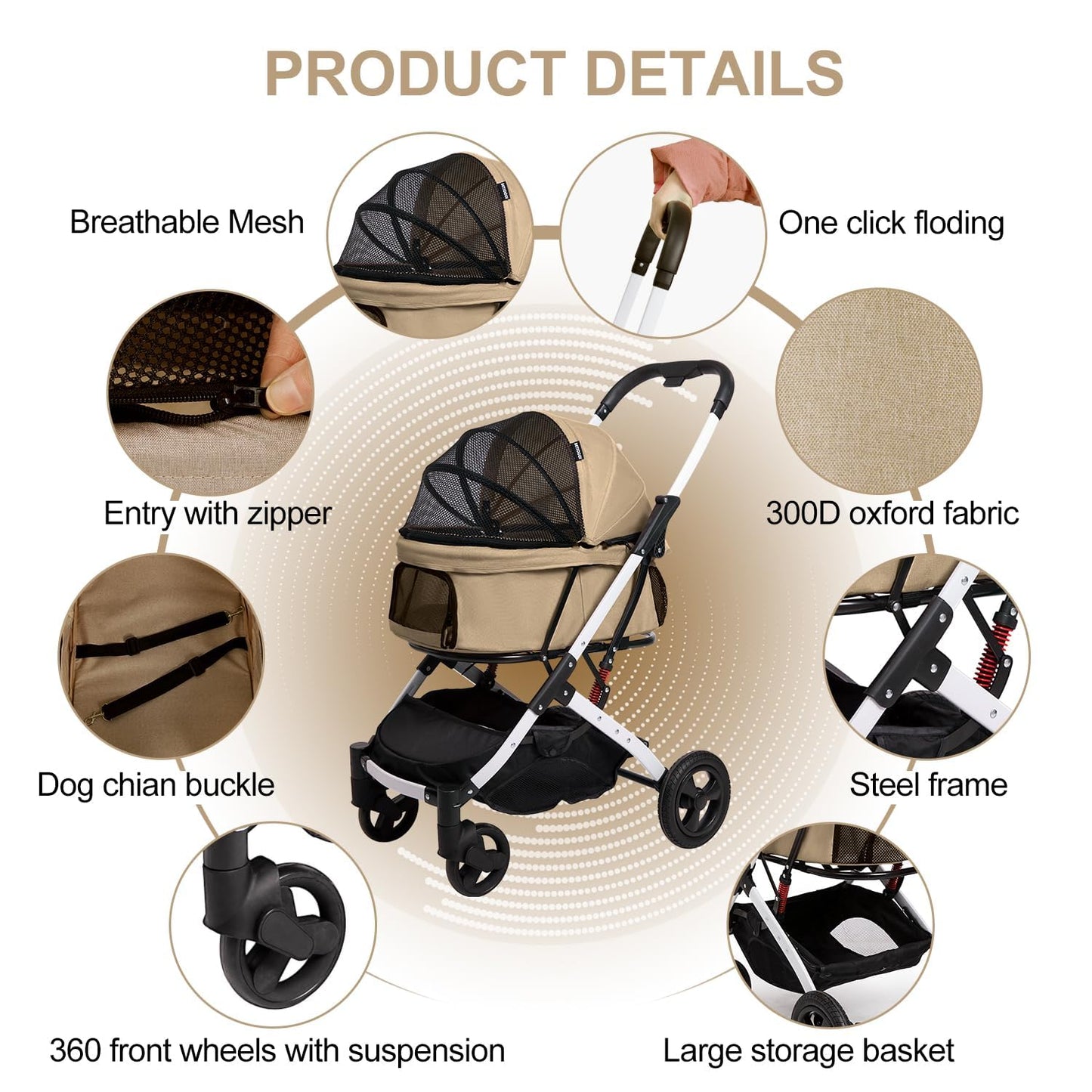 BETSOCCI Pet Stroller for Medium Small Dog & Cat, Foldable Lightweight Dog Stroller with Storage Basket Pet Travel Carriage with Safety Leashes, 4 Wheel, Khaki