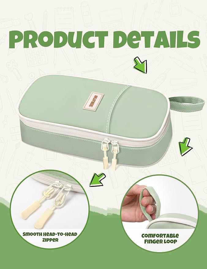 SUNEE Cute Pencil Case, Aesthetic Pen Pouch, Colored Large Pencil Bag with Zipper, Kawaii Stationery Storage and Organizer, School Supplies for Teen and Adult Girls, Green