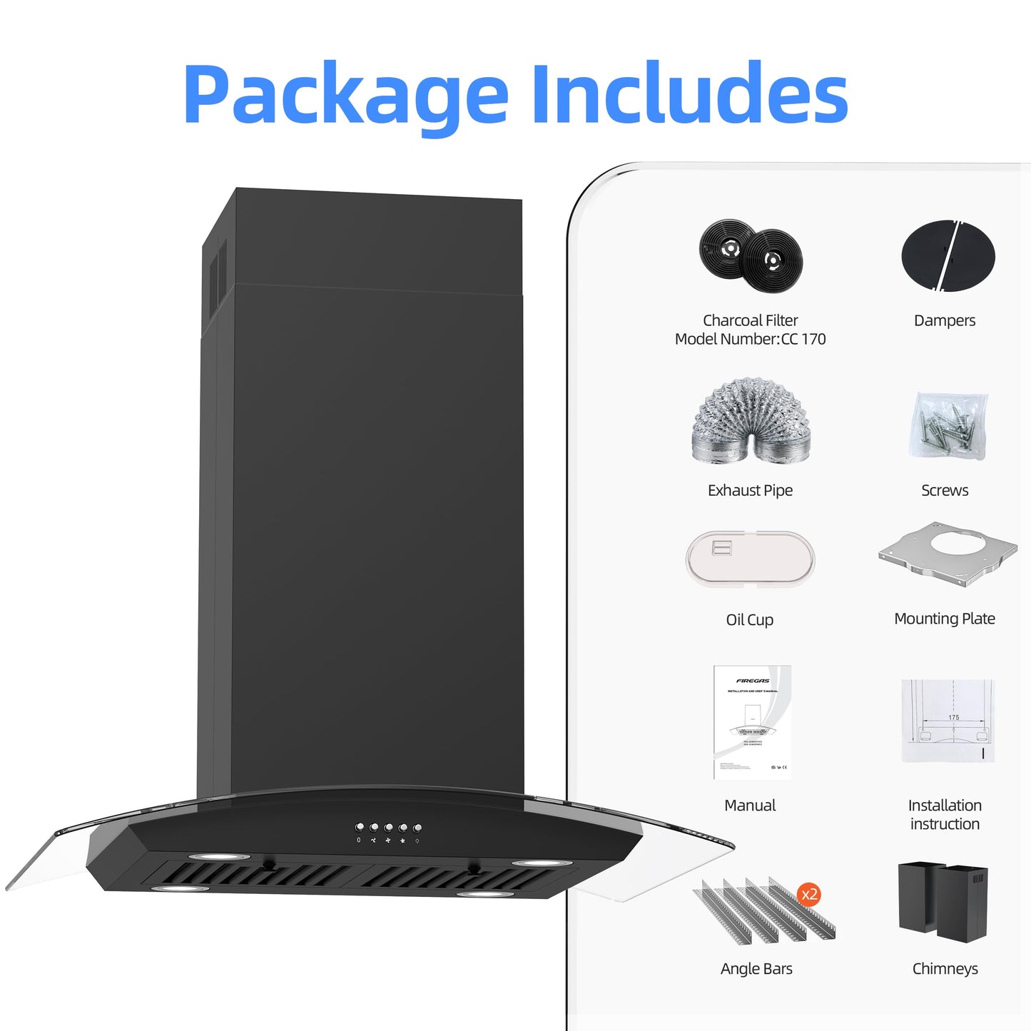 FIREGAS Black Island Mount Range Hood 30 inch with 700 CFM, Ceiling Mount Kitchen Vent Hood Ducted/Ductless Convertible, 4 LED Lights, 3 Speed Exhaust Fan, 2 charcoal fiters, Black