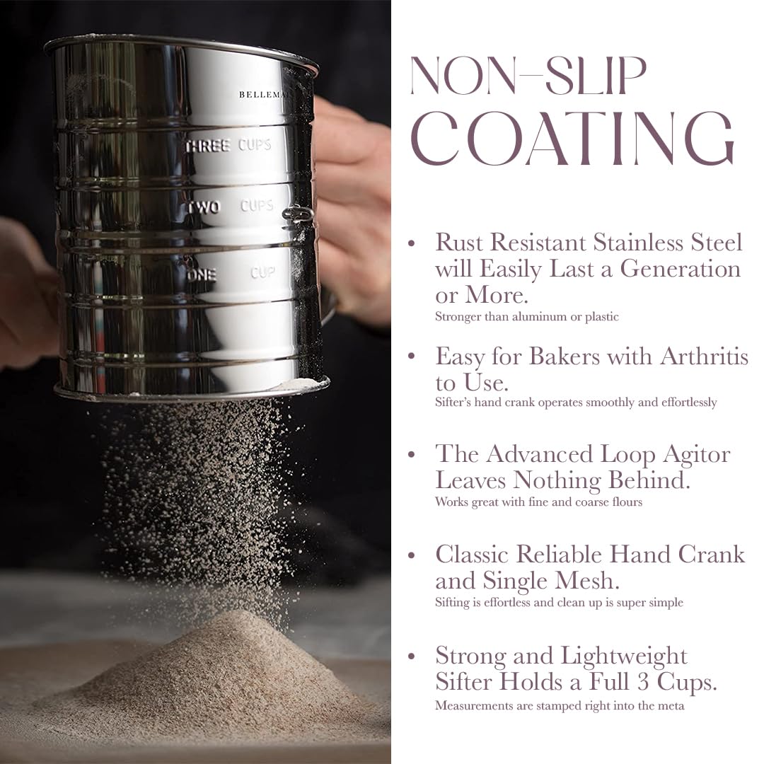 Bellemain 3 Cup Flour Sifter for Baking Fine Mesh Rotary Hand Crank with Loop Agitator for Quick Sifting, Flour Sifter Stainlees Steel