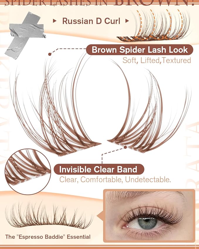 PHKERATA Brown Spider Lash Clusters 12-14-16mm Natural Fluffy Eyelash Clusters, Wispy D Curl Cluster Eyelash Extensions for a Soft Look, DIY Brown Lashes 120pcs