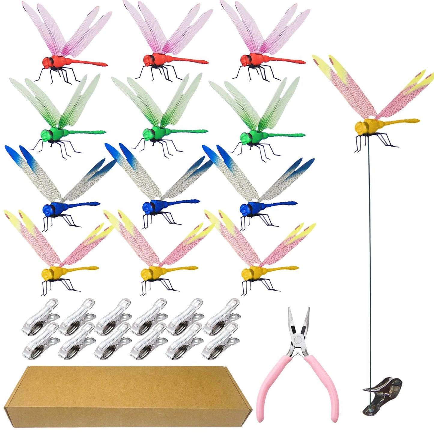 Kleeblatt Dragonfly Clip 12pcs - DIY Dragon Fly Clips, Hair Accessories, Garden Decor, and Outdoor Decorative Stakes - Ideal for Garden & Patio Enhancement(in Boxs)