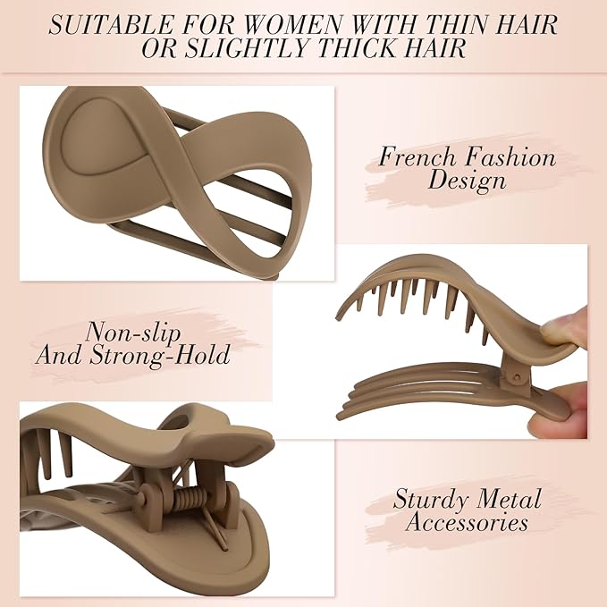 Obeoby 8 PCS Flat Claw Clips for Women, 2 Types French Flat Hair Clips for Medium Hair Volume Barrettes Medium Large (Neutral)